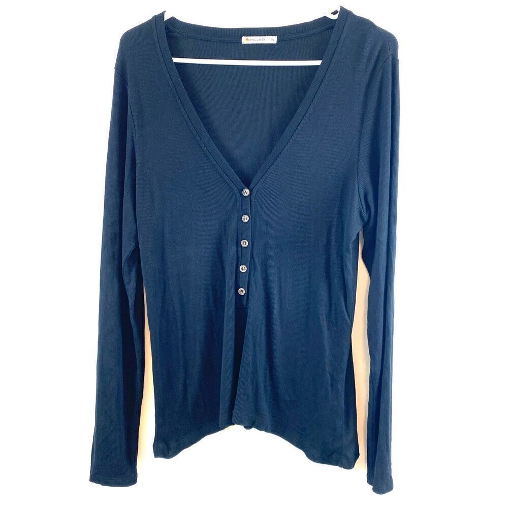 Marine Layer Lexi Ribbed 5 Button Henley V-Neck Long Sleeve Black Basic XL